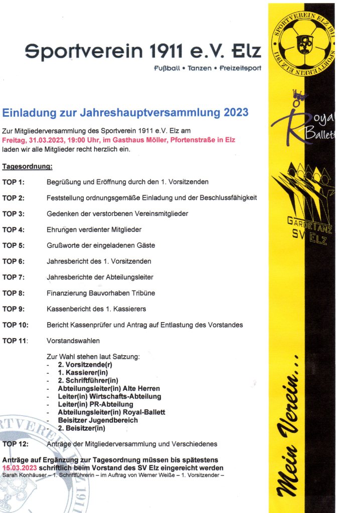 Save the date - JHV 2023 am 31.03.2023, 19:00 Uhr, Gasthaus Möller